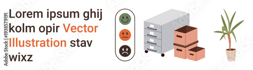 Team feedback, office organization, employee satisfaction, workplace productivity, file management, human resources. happy face icons, filing cabinets and a potted plant symbol. Feedback