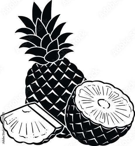 Black and White Pineapple Vector Illustration with Slices and Half
