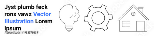 Half-filled lightbulb, gear, and house outlines emphasize innovation, technology, and architecture. Ideal for creativity, engineering, home improvement, education energy design simple landing page