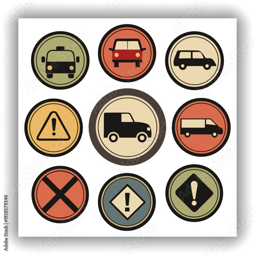 A collection of eight circular road signs are displayed against a plain, light-colored background. Each sign features a black silhouette of a different type of vehicle a car, a van, a bus, and a motor