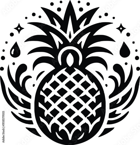 Minimalist black and white vector illustration of a tropical pineapple fruit isolated on a white background.