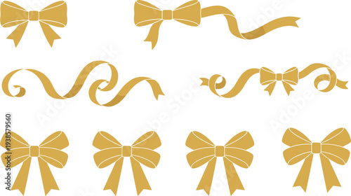 Minimal hand-drawn vector illustration set of golden ribbon and bow designs for festive decoration in clean outline style