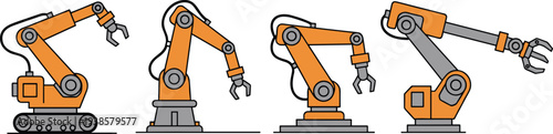 Minimal hand-drawn vector illustration set of robotic arms with diverse designs for automation, engineering, and industrial manufacturing in clean outline style