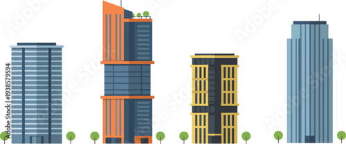 Minimal hand-drawn vector illustration set of modern high-rise buildings with diverse architectural designs and urban cityscape elements in clean outline style