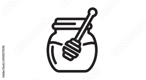 Simple black outline vector illustration of a glass jar filled with honey and a dipper utensil