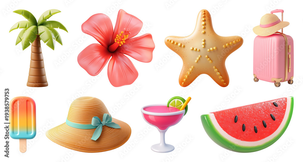 Obraz premium PNG Tropical summer vacation icons, transparent background