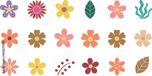Minimal hand-drawn vector illustration set of diverse botanical flowers and leaves arranged in decorative grid with clean outline style