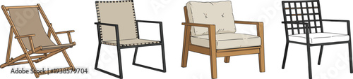 Minimal hand-drawn vector illustration set of diverse chair designs including folding, modern, cushioned, and metal styles in clean outline style