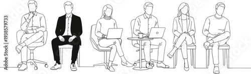 Minimal hand-drawn vector illustration set of diverse individuals seated on chairs with laptops and casual postures in clean outline style