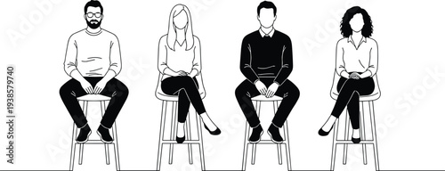Minimal hand-drawn vector illustration set of diverse professionals seated on stools in clean outline style and consistent stroke width