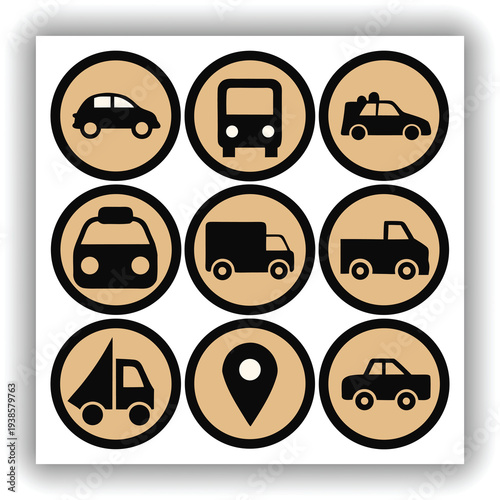 A collection of eight circular road signs are displayed against a plain, light-colored background. Each sign features a black silhouette of a different type of vehicle a car, a van, a bus, and a motor