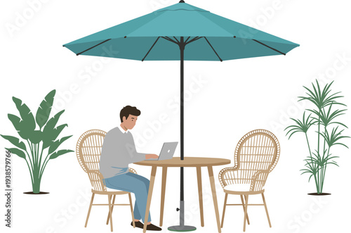 Minimal hand-drawn vector illustration set of outdoor workspace with laptop, patio umbrella, and plants in clean outline style