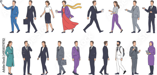 "Minimal hand-drawn vector set of diverse business professionals in suits, dresses, and hijab, clean outline style, consistent stroke width, no fill."