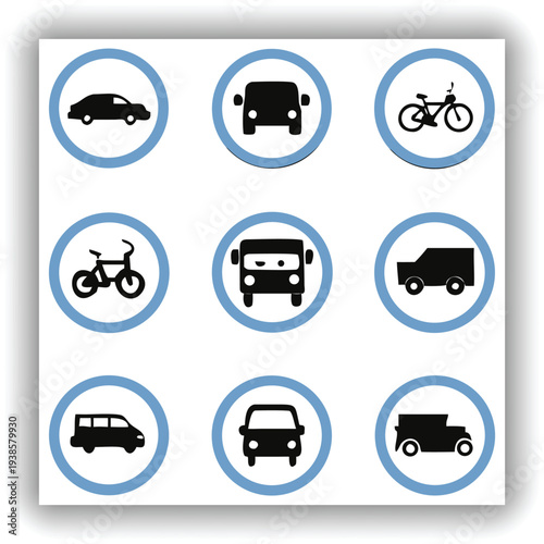 A collection of eight circular road signs are displayed against a plain, light-colored background. Each sign features a black silhouette of a different type of vehicle a car, a van, a bus, and a motor