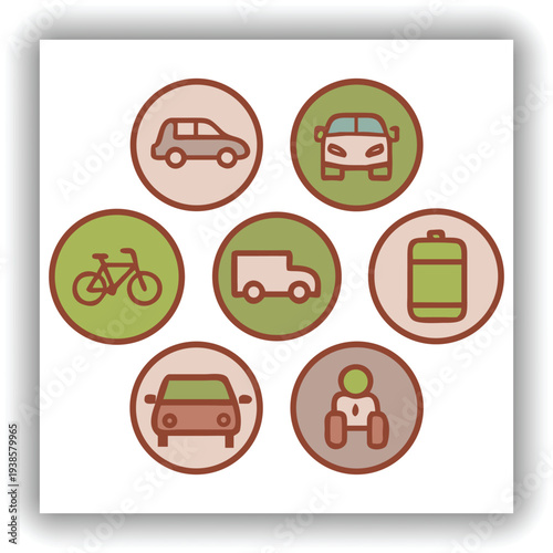 A collection of eight circular road signs are displayed against a plain, light-colored background. Each sign features a black silhouette of a different type of vehicle a car, a van, a bus, and a motor