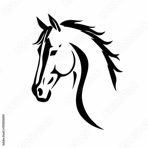 Simbol kepala kuda elegan dalam siluet hitam bersih dengan surai yang mengalir, logo vektor minimalis yang cocok untuk branding olahraga berkuda, identitas peternakan, logo merek mewah, dan ilustrasi 