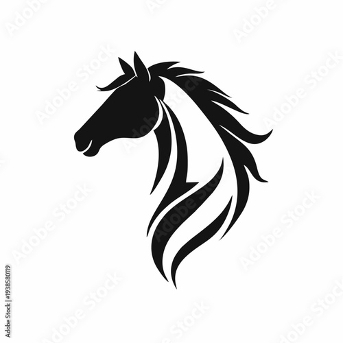 Simbol kepala kuda elegan dalam siluet hitam bersih dengan surai yang mengalir, logo vektor minimalis yang cocok untuk branding olahraga berkuda, identitas peternakan, logo merek mewah, dan ilustrasi 