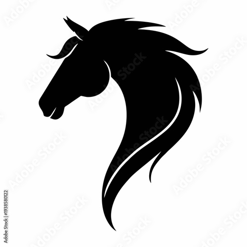 Simbol kepala kuda elegan dalam siluet hitam bersih dengan surai yang mengalir, logo vektor minimalis yang cocok untuk branding olahraga berkuda, identitas peternakan, logo merek mewah, dan ilustrasi 
