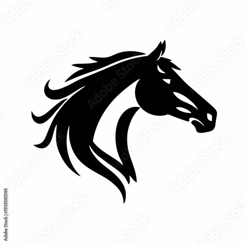 Simbol kepala kuda elegan dalam siluet hitam bersih dengan surai yang mengalir, logo vektor minimalis yang cocok untuk branding olahraga berkuda, identitas peternakan, logo merek mewah, dan ilustrasi 