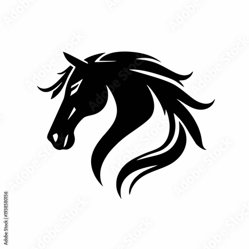Simbol kepala kuda elegan dalam siluet hitam bersih dengan surai yang mengalir, logo vektor minimalis yang cocok untuk branding olahraga berkuda, identitas peternakan, logo merek mewah, dan ilustrasi 