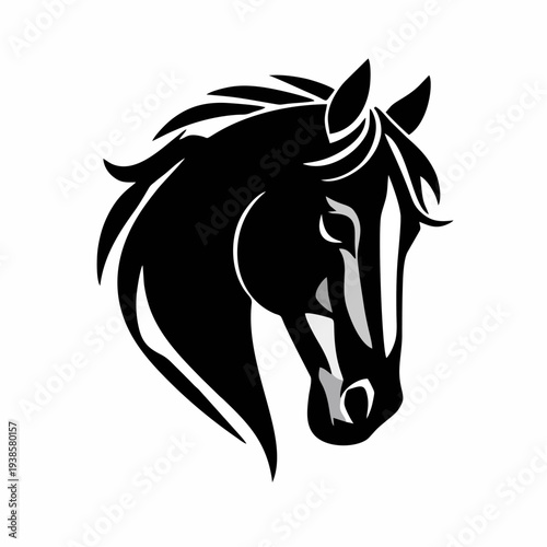 Simbol kepala kuda elegan dalam siluet hitam bersih dengan surai yang mengalir, logo vektor minimalis yang cocok untuk branding olahraga berkuda, identitas peternakan, logo merek mewah, dan ilustrasi 