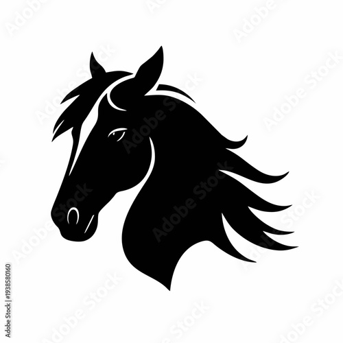Simbol kepala kuda elegan dalam siluet hitam bersih dengan surai yang mengalir, logo vektor minimalis yang cocok untuk branding olahraga berkuda, identitas peternakan, logo merek mewah, dan ilustrasi 