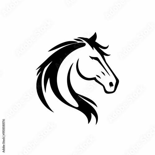 Simbol kepala kuda elegan dalam siluet hitam bersih dengan surai yang mengalir, logo vektor minimalis yang cocok untuk branding olahraga berkuda, identitas peternakan, logo merek mewah, dan ilustrasi 