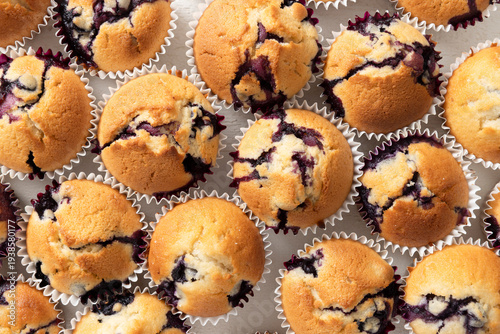 Overhead Flat Lay of Large Batch Homemade Blueberry Muffins Filling the Frame