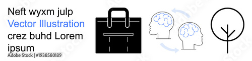 Business strategy, cognitive development, technology, education, career growth, sustainability. Minimal elements a briefcase, human brain exchange tree symbol. Business strategy and cognitive