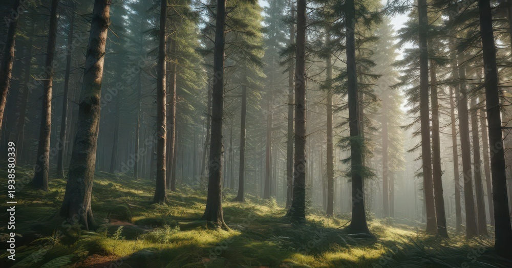 Obraz premium Dense Spruce forest with towering trees and undergrowth, swedish, misty, evergreen