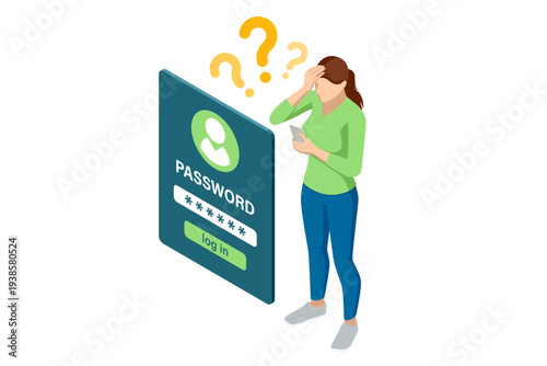 Isometric data access with confused woman standing near password form on mobile screen User forgot account credential, tries to sign in. Authentication problem, secure access, recovery, cyber security