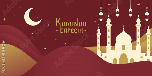 Ramadan Kareem Night Illustration with Mosque, Lanterns, Crescent Moon and Iftar Dates
