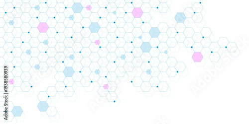Abstract hexagon pattern and particles on white background. Genetic research and molecular structure. Design for medical, science and technology. Vector