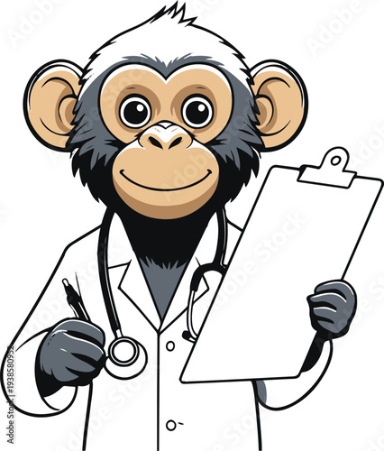Monkey doctor wearing stethoscope checking patient clipboard, bold thick black clean outline, minimal vector sticker, white background 1