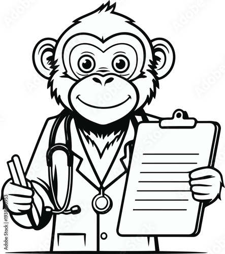 Monkey doctor wearing stethoscope checking patient clipboard, bold thick black clean outline, minimal vector sticker, white background 1