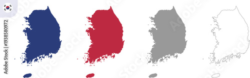 South Korea Map Vector Illustration 4 Variation Set with Blue, Red, Gray and Outline Country Silhouette Shapes Isolated on Transparent Background, Hand Made Geography Design, AI EPS10 JPG PNG