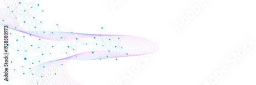 Abstract connecting lines and dots with colorful wave flow on white background. Molecular structure and genetic engineering. Design for science and technology. Vector