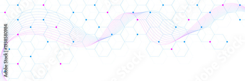 Science and technology innovation with hexagon pattern, colorful particles and wave flow on white background. Vector