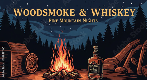 Bottle of whiskey and campfire at night.