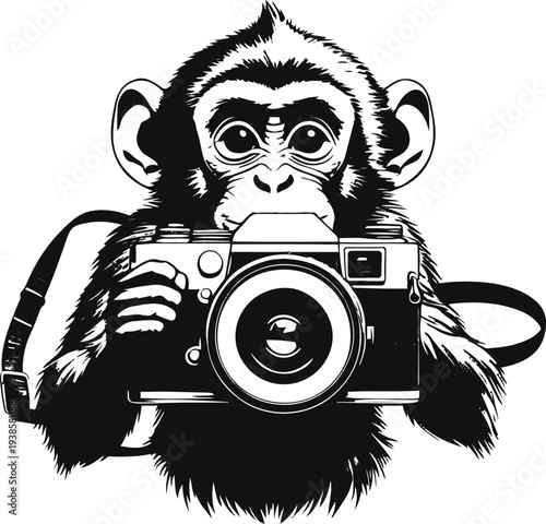 Monkey photographer taking pictures with a camera, bold thick black clean outline, minimal vector sticker, white background