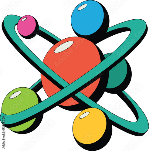 Colorful atom model with orbiting spheres in vivid pink light blue deep blue vector illustration
