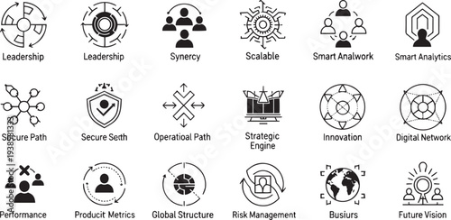  Set of 18 Minimalist Business Strategy Icons for Leadership, Data Analytics, Global Network, Risk Management, and Innovation Linear Vector Graphics