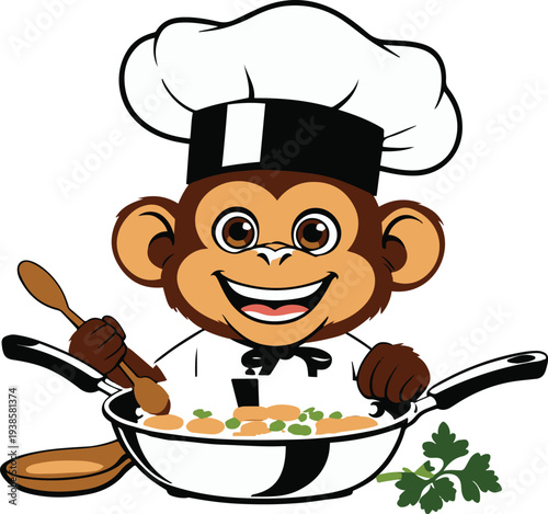  Funny monkey chef wearing chef hat cooking in a frying pan, bold thick black clean outline, minimal vector sticker style, pure white background, isolated object 2