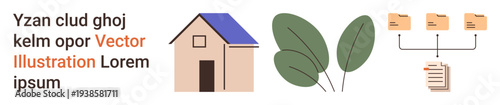 Eco living, file organization, nature, sustainability, storage, home management. A house, leaves and file icons. Eco living and file organization concepts illustrated