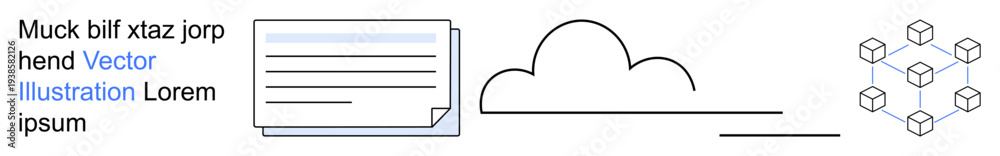 Obraz premium Cloud computing, blockchain technology, data storage, digital networks, online documentation, data sharing. Diagram of a cloud, document and linked nodes. Cloud computing and blockchain concept