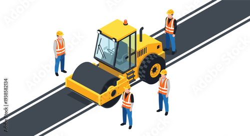 Isometric road construction scene with asphalt roller compactor and workers paving highway civil engineering infrastructure maintenance illustration concept for industry