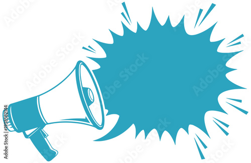 Vibrant megaphone announcing loud message in dynamic blue speech bubble