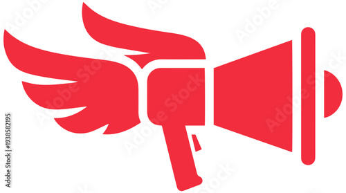 Red megaphone with wings symbolizing loud announcement and freedom