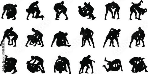Wrestling and grappling martial arts fighters silhouette collection showing takedown clinch and ground fight techniques for combat sport training illustration