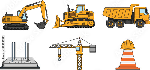 Construction machinery equipment set with excavator bulldozer dump truck tower crane foundation and safety helmet for building industry illustration